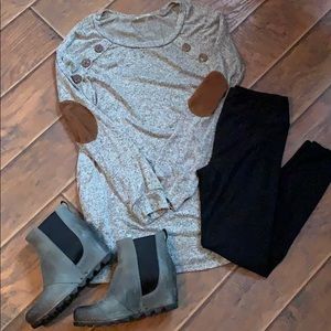 Gray sweater with brown elbow patches!